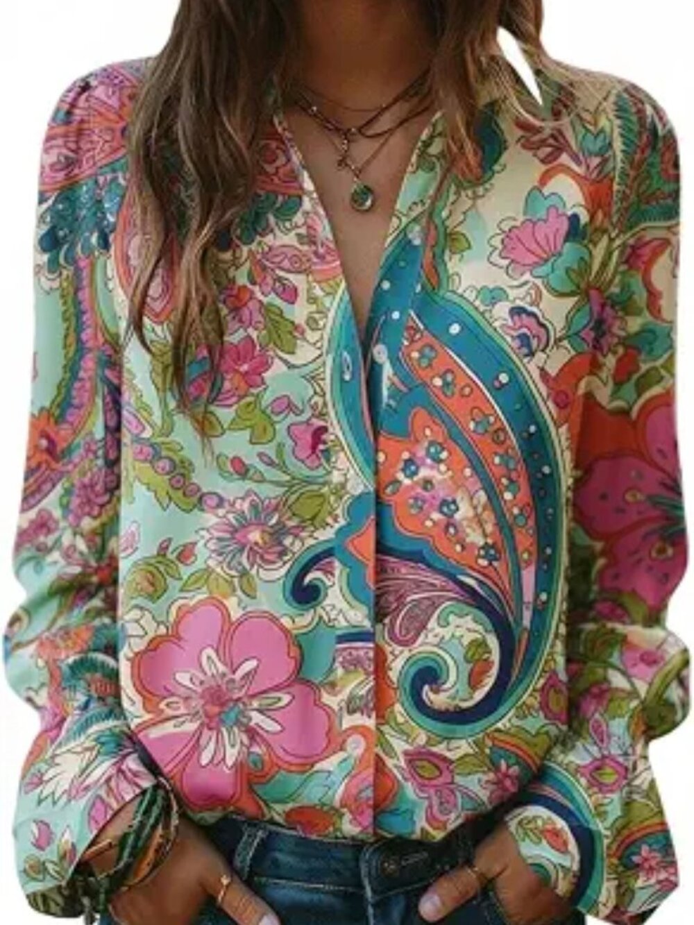 CherryBetty Boho Paisley Long Sleeve Ruffled Cuff Button Down Blouse M NWOT